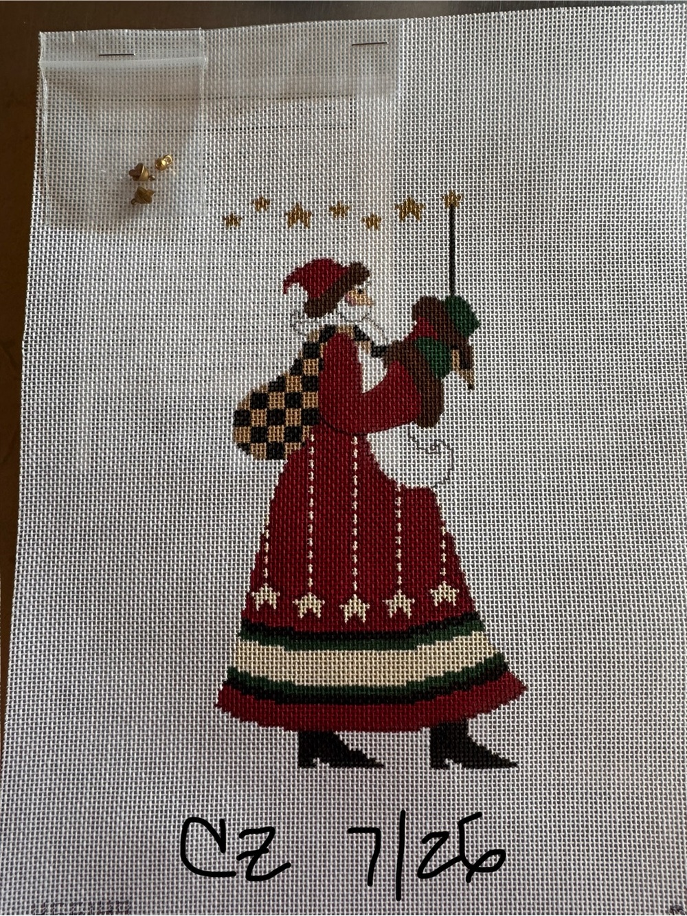 18 mesh Needlepoint  Red Santa with Green Accents Holiday Wall Art